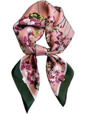 Women's Flower Green Pink Houndstooth Scarf Hair Digital Printed Headscarf Silk